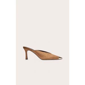 Femme Mules pointues en su&eacute;dine camel &agrave; talon et bout argent&eacute; | Taille 36 - Taille 36