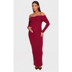 Maternité Robe de grossesse longue en maille tricot côtelée bordeaux à épaules dénudées, Bordeaux - Taille M