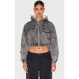 Veste courte en jean gris délavé à capuche doublée en fausse fourrure, Gris Délavé - Taille 34