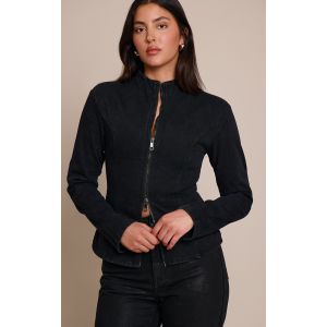 Femme Veste ajust&eacute;e noir d&eacute;lav&eacute; &agrave; col montant et lis&eacute;r&eacute;s structurants | Taille 42 - Taille 42