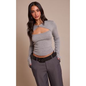 Femme Petite Pull en maille tricot grise &agrave; d&eacute;tail bol&eacute;ro | Taille Large - Taille L