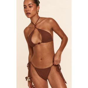 Bas de maillot de bain string en maille style crochet café au lait noué sur les côtés à empiècements, Café au Lait - Taille M