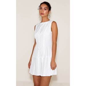 Robe droite blanche finement rayée à boutons et ourlet plissé, Blanc - Taille 36