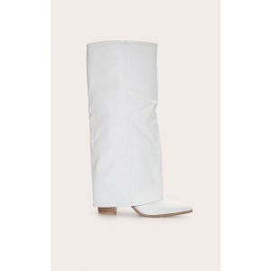 Bottes Western Large Blanches en PU à Talon Bloc et Revers sur le Genou, Blanc - Taille 40