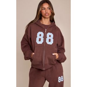 Femme Petite Hoodie chocolat &agrave; zip et graphique | Taille Large - Taille L