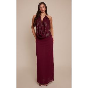 Femme Robe longue texturée rouge vin à empiècement au cou | Taille 42 - Taille 42