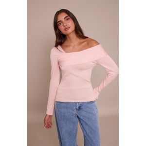 Femme Top en maille tricot rose à épaules asymétriques et manches longues | Taille Medium - Taille M