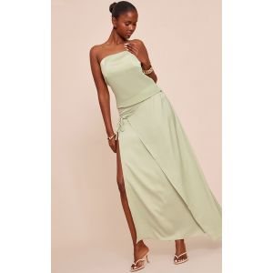 Jupe portefeuille longue satinée sauge, Sauge - Taille 36