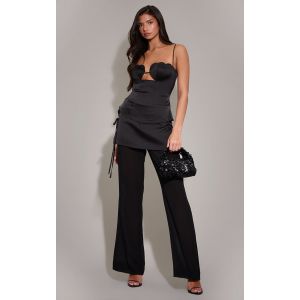 Femme Pantalon large en mousseline de soie noire &agrave; partie superpos&eacute;e satin&eacute;e | Taille 38 - Taille 38