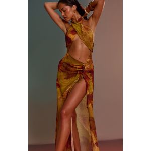 Robe de plage longue en mousseline de soie verte imprimé abstrait à dos nu, Vert - Taille XS