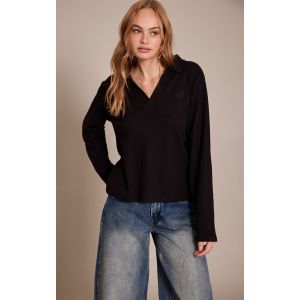 Femme Top long noir &agrave; col repli&eacute; et logo brod&eacute; | Taille 34 - Taille 34