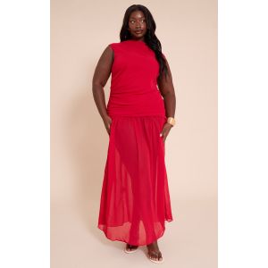 Plus Robe longue en mousseline de soie rouge froncée sans manches à taille tombante, Rouge - Taille 46