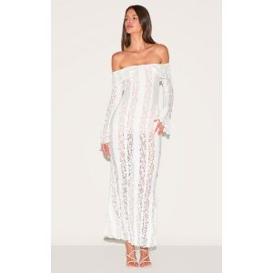 Robe longue en dentelle blanche à col replié, Blanc - Taille 34