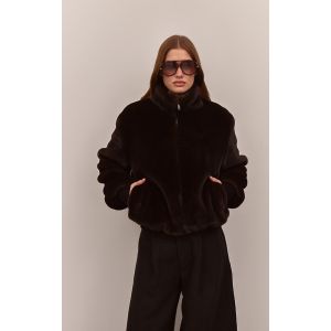 Femme Manteau bomber court en fausse fourrure douce chocolat fonc&eacute; | Taille Large - Taille L