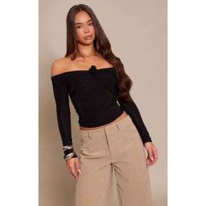 Femme Top moulant bardot noir à appliqué fleur et manches longues | Taille 36 - Taille 36
