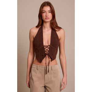 Femme Top en su&eacute;dine chocolat fonc&eacute; &agrave; dos nu et d&eacute;collet&eacute; lac&eacute; | Taille 42 - Taille 42