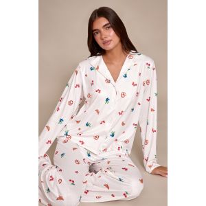 Femme Ensemble de pyjama crème imprimé baies et pois à manches longues et boutons | Taille Large - Taille L