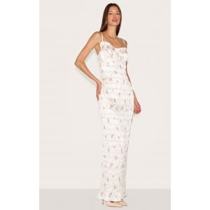 Femme Robe longue satin&eacute;e rose imprim&eacute; petites fleurs fronc&eacute;e &agrave; armatures | Taille 40 - Taille 40