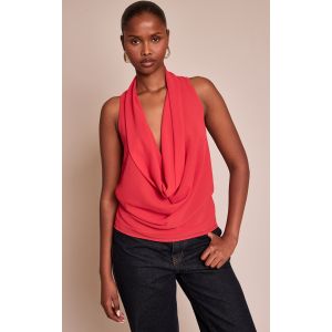 Femme Top long en mousseline de soie rouge tomate &agrave; d&eacute;collet&eacute; b&eacute;nitier | Taille 34 - Taille 34