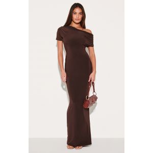 Femme Robe longue moulante asym&eacute;trique doubl&eacute;e chocolat fonc&eacute; &agrave; manches fronc&eacute;es | Taille 44 - Taille 44