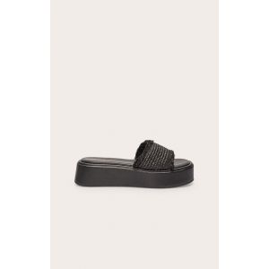 Sandales rondes en raphia noir à plateforme effet empilé, Noir - Taille 41