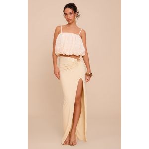 Jupe longue en mousseline de soie stretch beige à empiècement, Beige - Taille 42