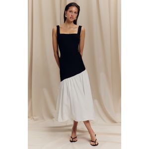 Femme Robe mi-longue noire et blanche &agrave; col carr&eacute; et ourlet pliss&eacute; contrastant Noir/Blanc | Taille 40 - Taille 40