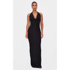 Robe longue douce noire à col bénitier et torsade derrière, Noir - Taille 44
