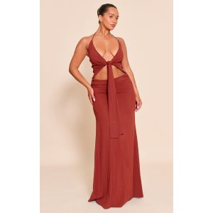Femme Coupe moulante Rouge profond Hammered Satin&eacute; Drap&eacute; Devant Halter Longue Robe | Taille 38 - Taille 38