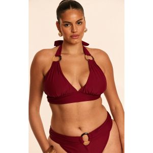 Plus Haut de maillot de bain triangle bordeaux froncé à empiècements anneaux, Bordeaux - Taille 58