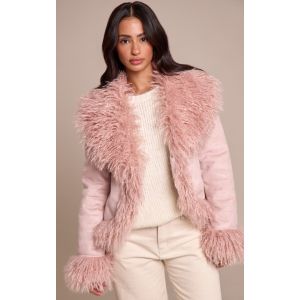 Femme Petite Manteau style afghan en suédine rose à bordures en fausse fourrure | Taille XS - Taille XS
