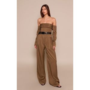 Femme Combinaison bardot tiss&eacute;e kaki &agrave; manches longues et ceinture | Taille 32 - Taille 32