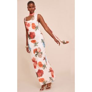 Robe longue en mousseline de soie blanche fleurie à détail foulard, Blanc - Taille 38