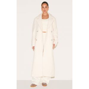 Manteau long structuré en maille bouclée écrue à double boutonnière, Ecru - Taille 36