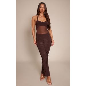 Femme Jupe longue moulante doubl&eacute;e chocolat &agrave; d&eacute;tails fronc&eacute;s | Taille 36 - Taille 36