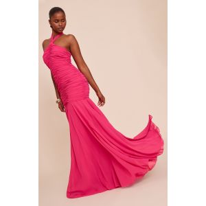 Robe longue en mousseline de soie fuchsia froncée à dos nu et taille tombante, Fuchsia - Taille 38