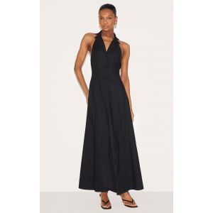 Robe longue noire à col replié et boutons, Noir - Taille 44