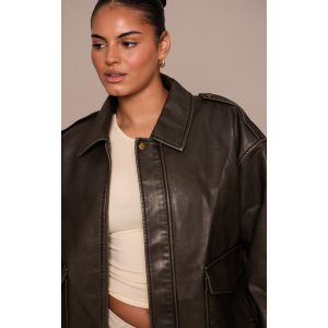 Femme Plus Veste bomber en PU marron d&eacute;lav&eacute; &agrave; d&eacute;tail poches | Taille 48 - Taille 48