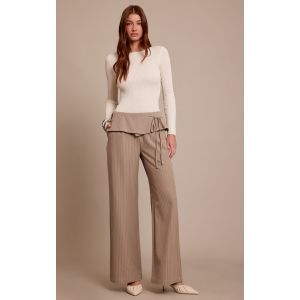 Femme Pantalon large gris champignon &agrave; fines rayures et partie superpos&eacute;e | Taille 34 - Taille 34