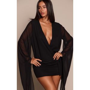 Femme Petite Mini robe noire ouverte devant &agrave; taille nou&eacute;e | Taille 32 - Taille 32