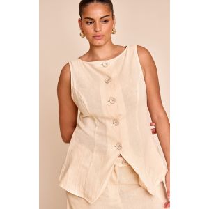Femme Plus Gilet en effet lin sable ray&eacute; &agrave; col bateau et boutons | Taille 54 - Taille 54