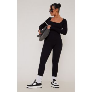 Femme Combinaison manches longues c&ocirc;tel&eacute;e noire &agrave; d&eacute;tail contours et col carr&eacute; | Taille Medium - Taille M