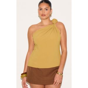 Plus Top fluide tissé moutarde profond à épaule unique nouée, Moutarde - Taille 48