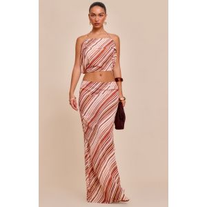 Jupe longue en mousseline de soie rouille rayée à taille mi-haute, Rouille - Taille 44