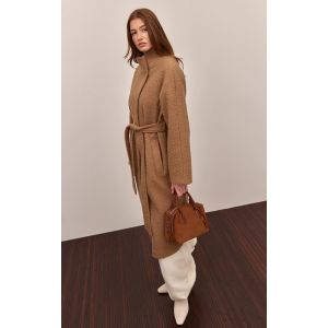Femme Manteau long en effet laine camel &agrave; col montant et taille nou&eacute;e | Taille XS - Taille XS