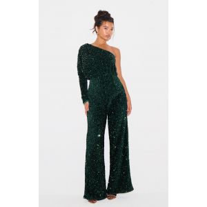 Combinaison jambes évasées  en sequins vert émeraude à épaule unique, Vert émeraude - Taille 32