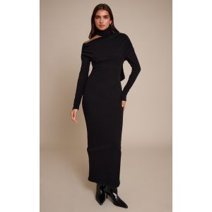 Femme Robe longue asym&eacute;trique c&ocirc;tel&eacute;e bross&eacute;e noire fronc&eacute;e &agrave; d&eacute;tail foulard et manches longues | Taille 42 - Taille 42