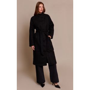Femme Manteau long en effet laine noir &agrave; col montant et taille nou&eacute;e | Taille Small - Taille S