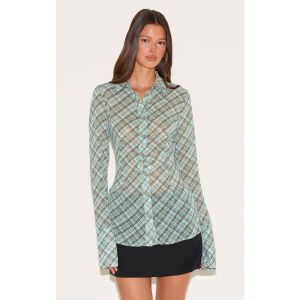 Chemise ajustée verte transparente à carreaux, Vert - Taille 34