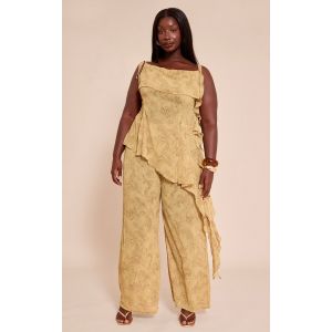 Plus Pantalon droit en mousseline de soie chartreuse imprimé abstrait, Chartreuse - Taille 54